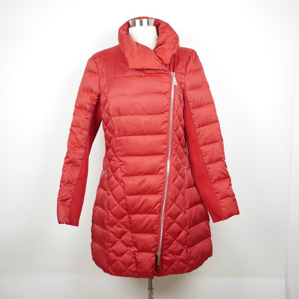 KENNETH COLE New York Women's M Red quilted puffer jacket coat heavy down filled